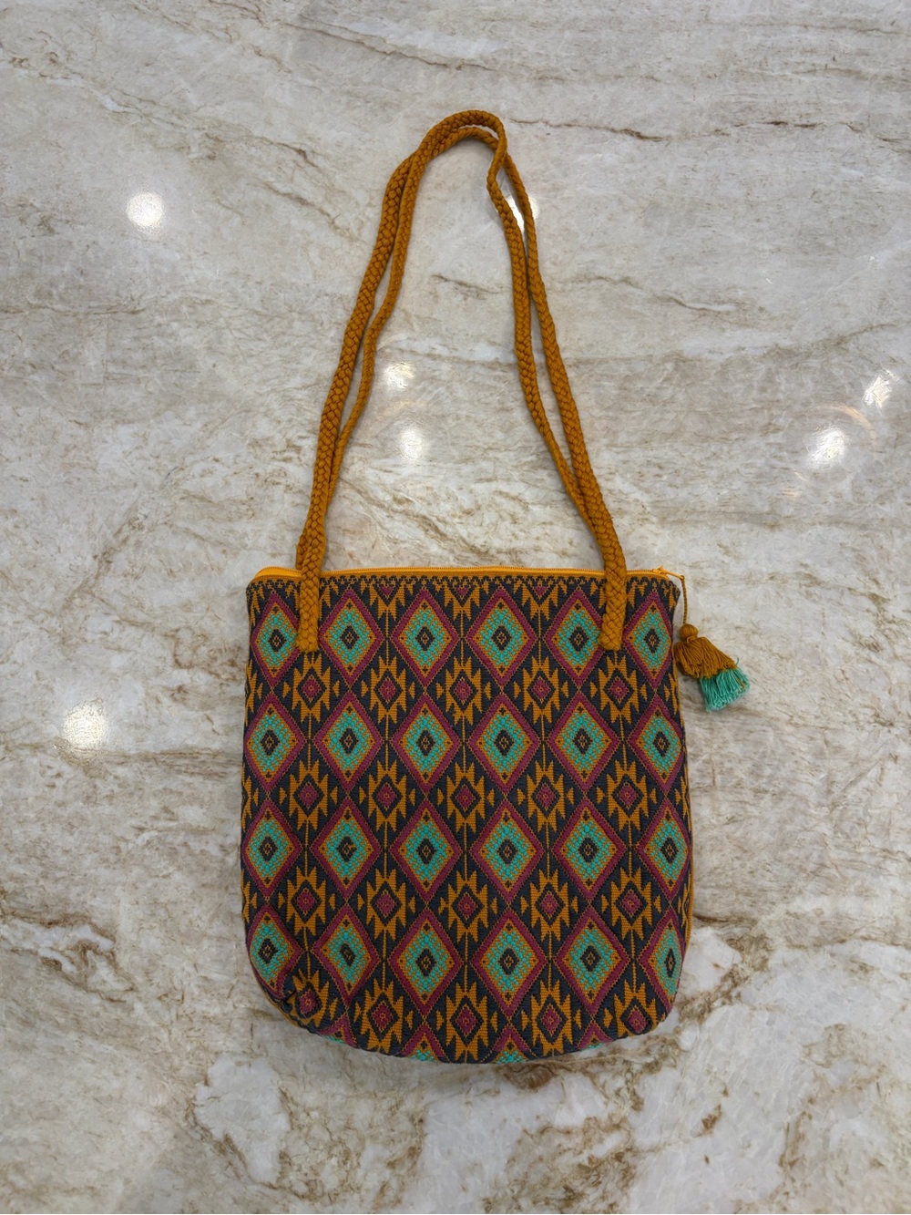 Embroidered Boho‎ Padded Shoulder Bag Mustard Woven Natural NWOT